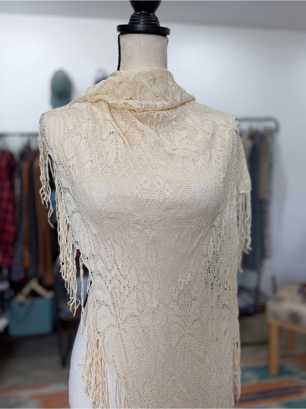 Vintage Cream Lace Fringe Piano Shawl Wrap - Picture 2 of 7